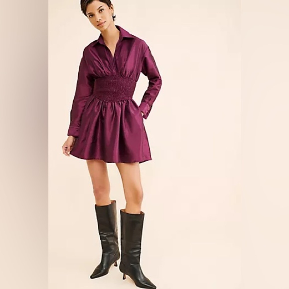 Large Anthropologie hutch iridescent Dolan sleeve shirt dress smocked waist plum